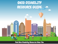 Screenshot of Ohio Disability Resource Guide - Computer generated park with children playing and a city landscape in the background.  The sky contains an airplane and a hot air balloon.